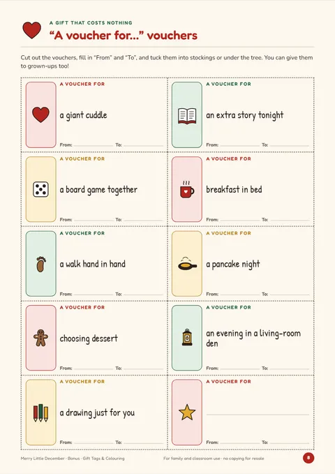 Page of “A voucher for…” vouchers to give as gifts