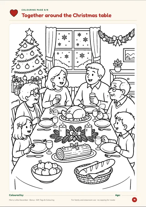 Colouring page of a family gathered around the Christmas table
