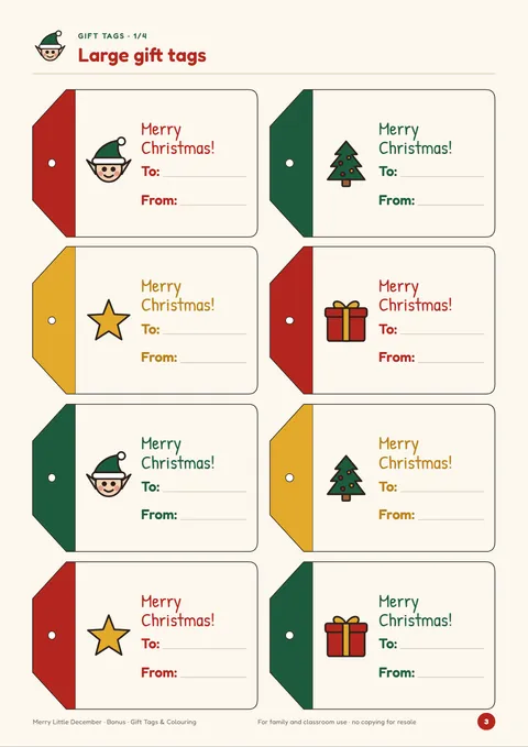Page of large “Merry Christmas!” gift tags to colour