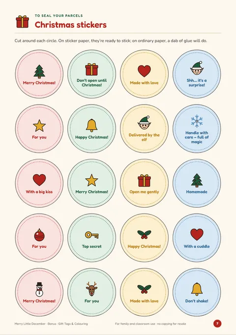 Page of round Christmas stickers to seal parcels
