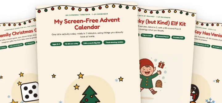 Real page previews from the four Merry Little December PDF kits: Advent calendar, cheeky elf, family games and Christmas escape game